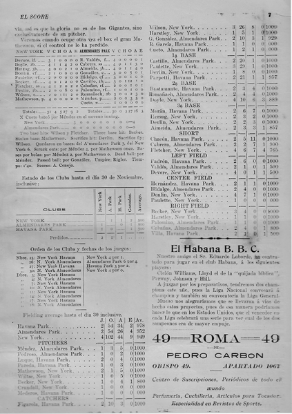 NY Giants Box Score from Cuba, 1912